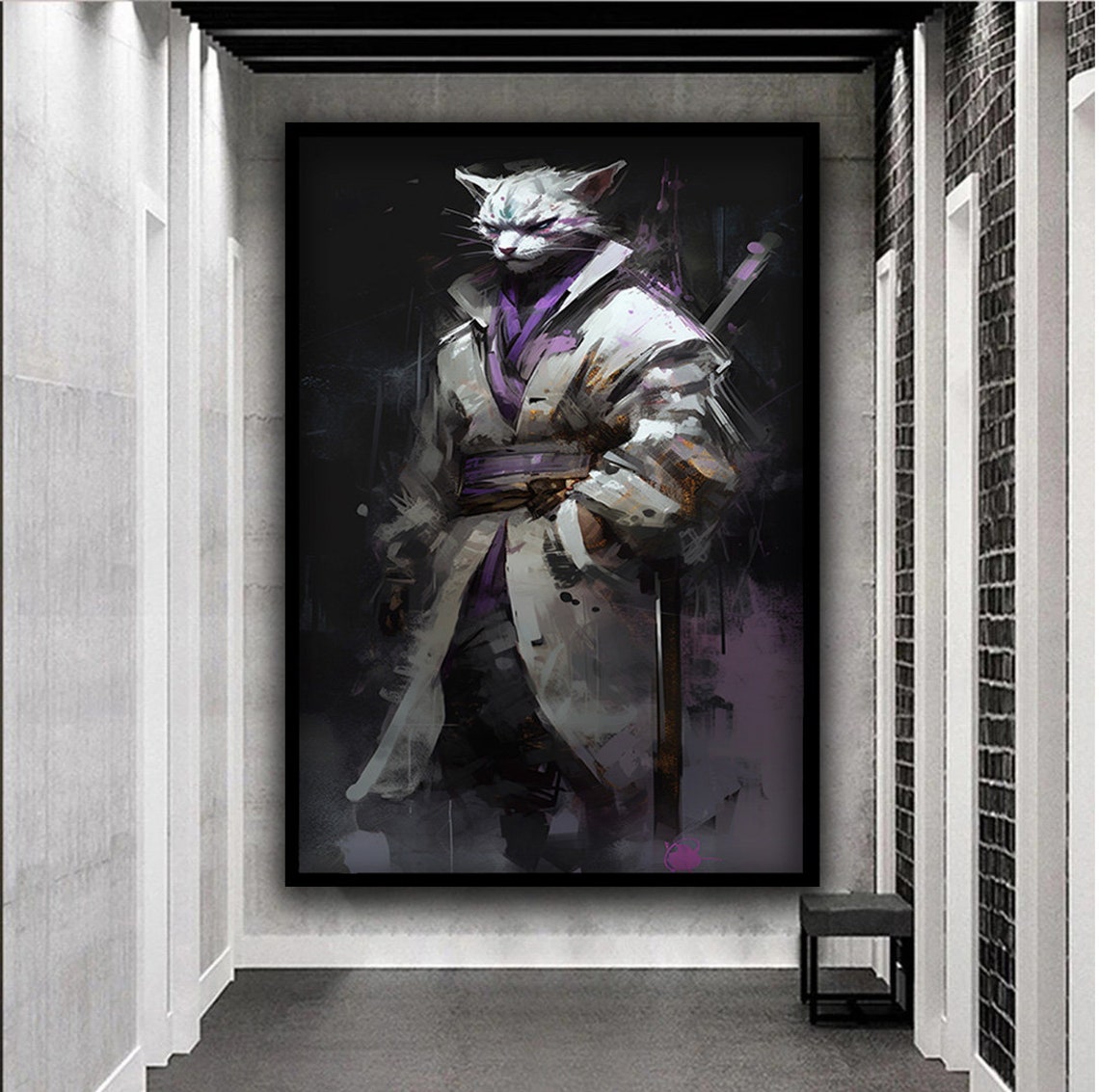 Samurai Cat Warrior Portrait White Kimono Sword Feline Wall Poster