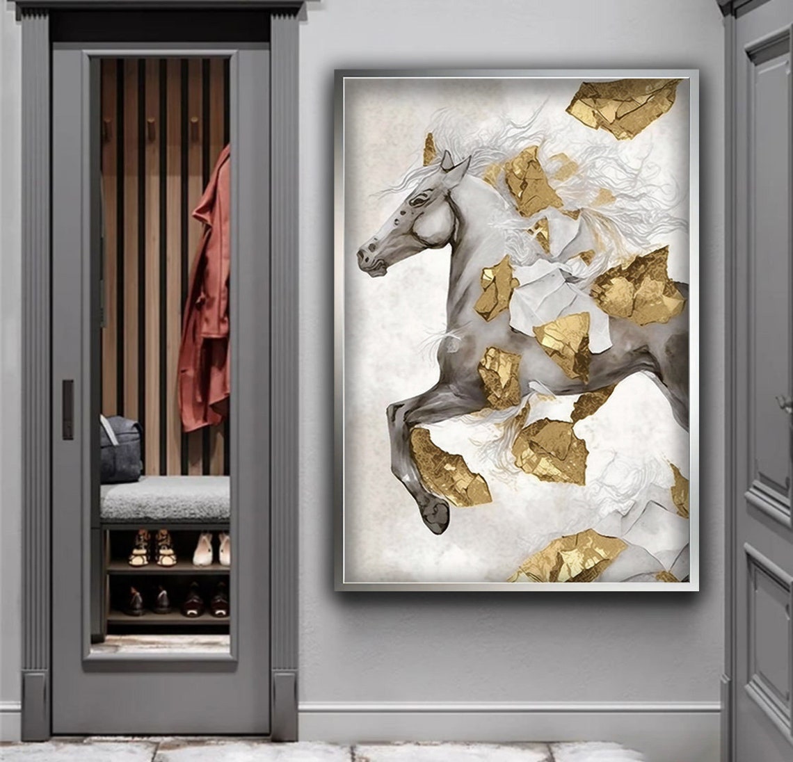 White Horse Rearing Gold Leaf Detailed Majestic Equine Art Poster - Image 4