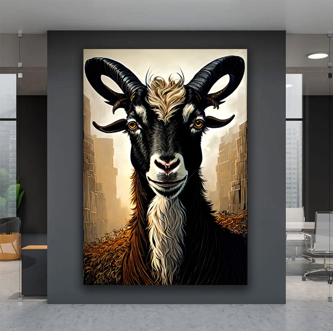 Black Goat Portrait with Curved Horns Golden Beard Farm Animal Poster - Image 5
