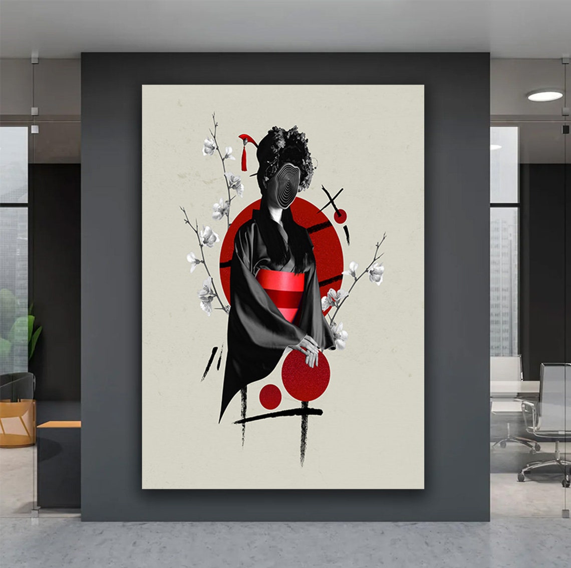Faceless Geisha Black Kimono Red Sun Minimalist Japanese Art Poster