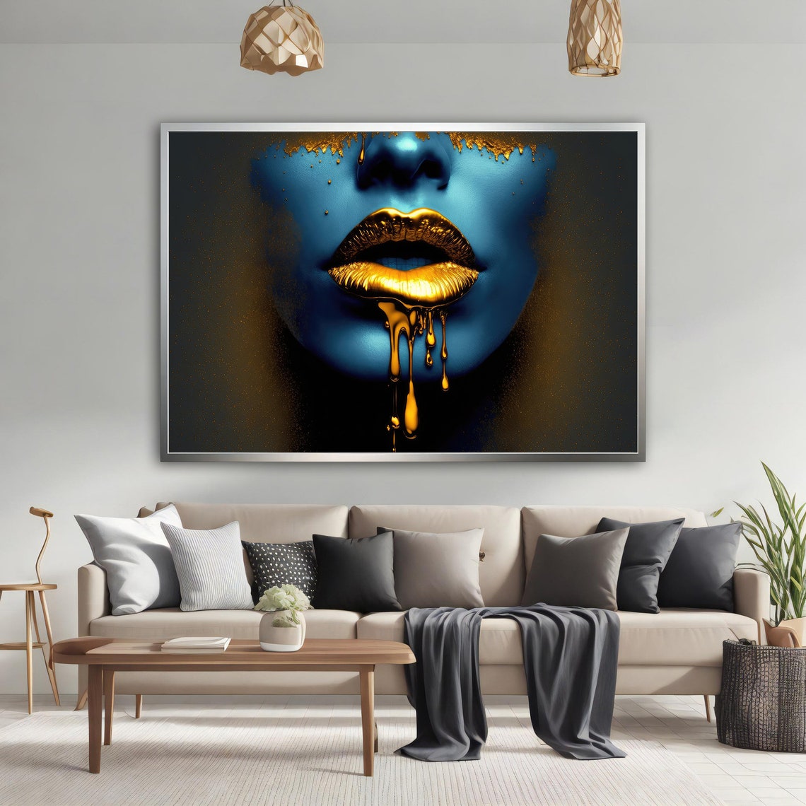 Blue Woman Face Dripping Gold Lips Bold Modern Glam Art Poster - Image 4