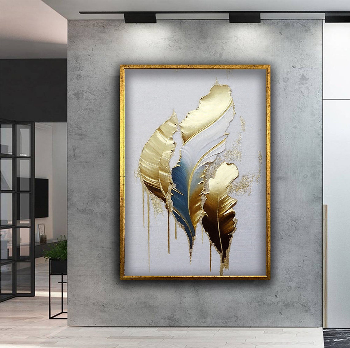 Gold White Blue Abstract Feather Painting Elegant Drip Wall Art - Image 3