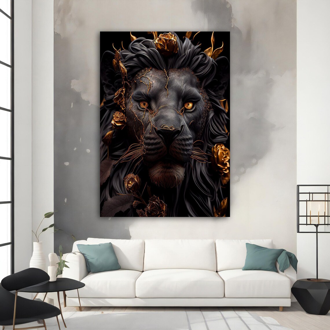 Black Lion Golden Roses Luxe Dark Floral Animal Wall Art Poster - Image 4