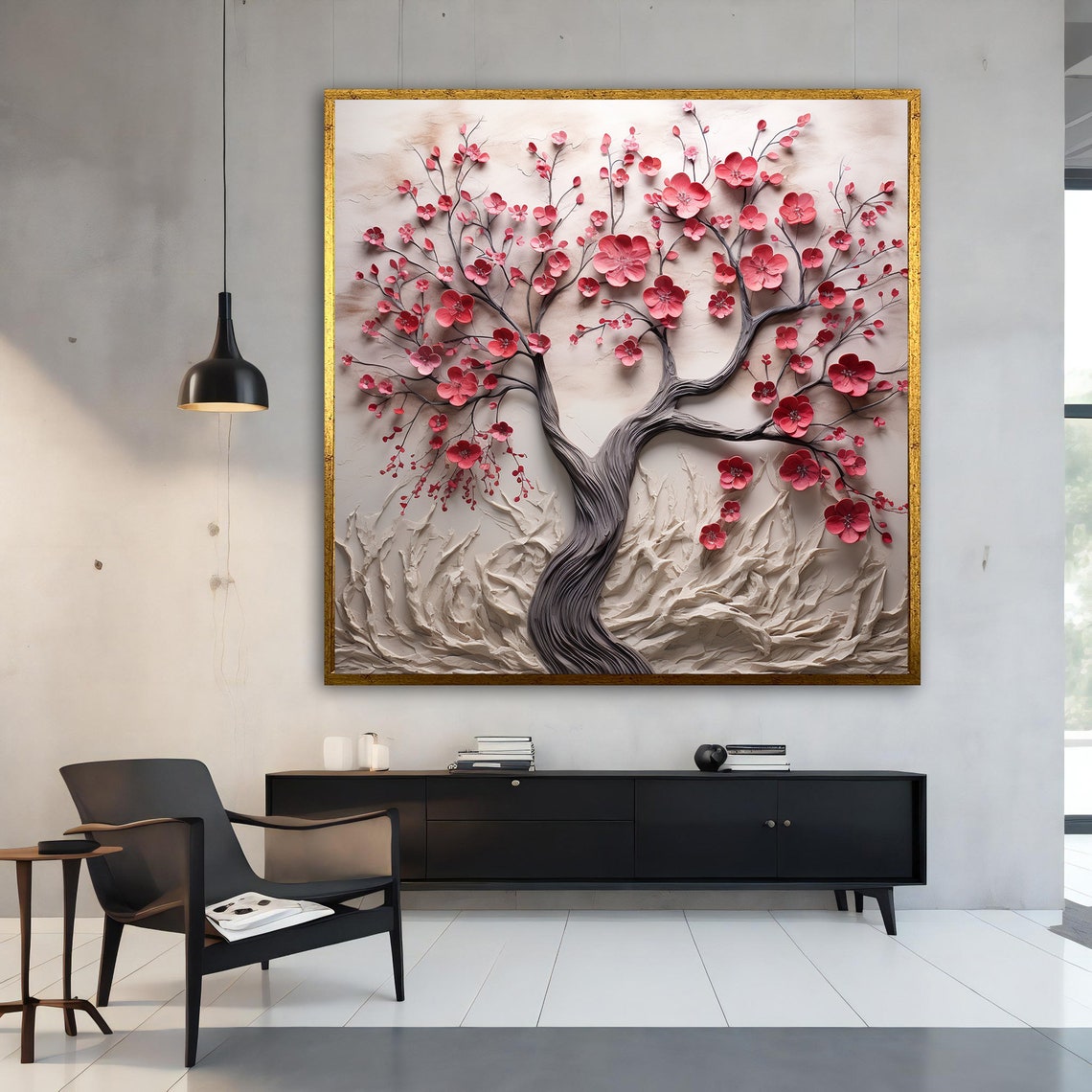 Red Blossom Tree 3D Relief Cream Floral Sculpted Wall Art Poster - Image 3