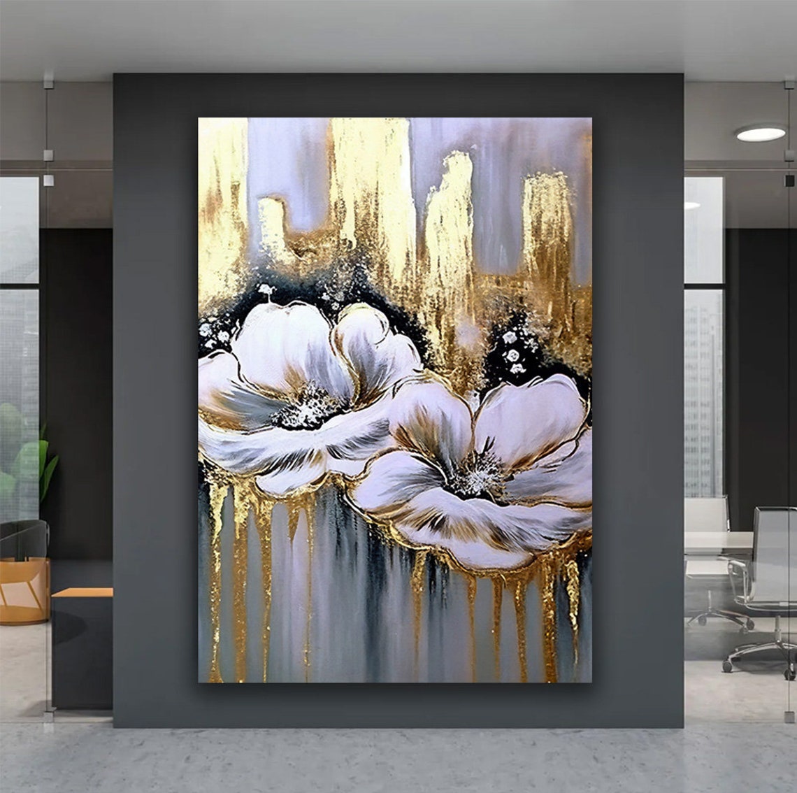 White And Gold Floral Art Grey Background Blooming Flower Poster
