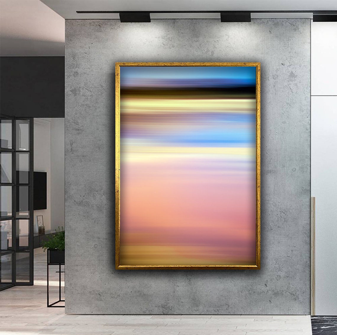 Blurred Sunset Gradient Stripes Pink Blue Gold Abstract Wall Art - Image 4