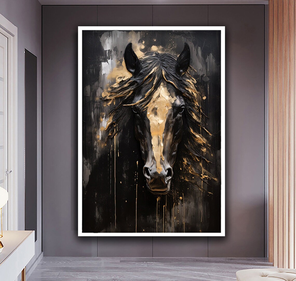 Noble Black Horse Portrait Gold Accents Dark Moody Animal Poster - Image 4