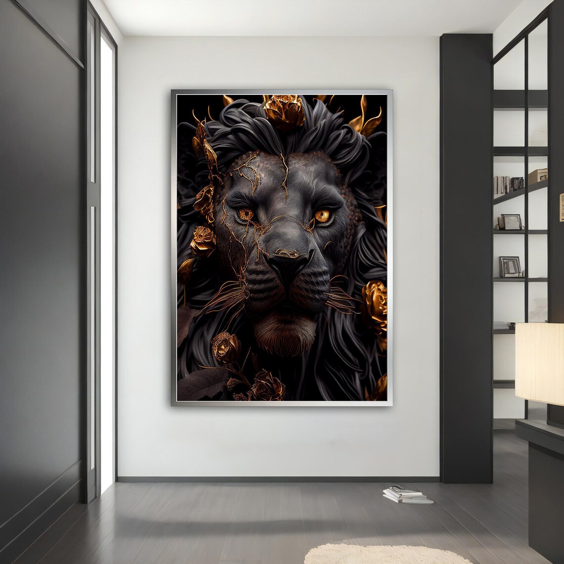 Black Lion Golden Roses Luxe Dark Floral Animal Wall Art Poster - Image 5