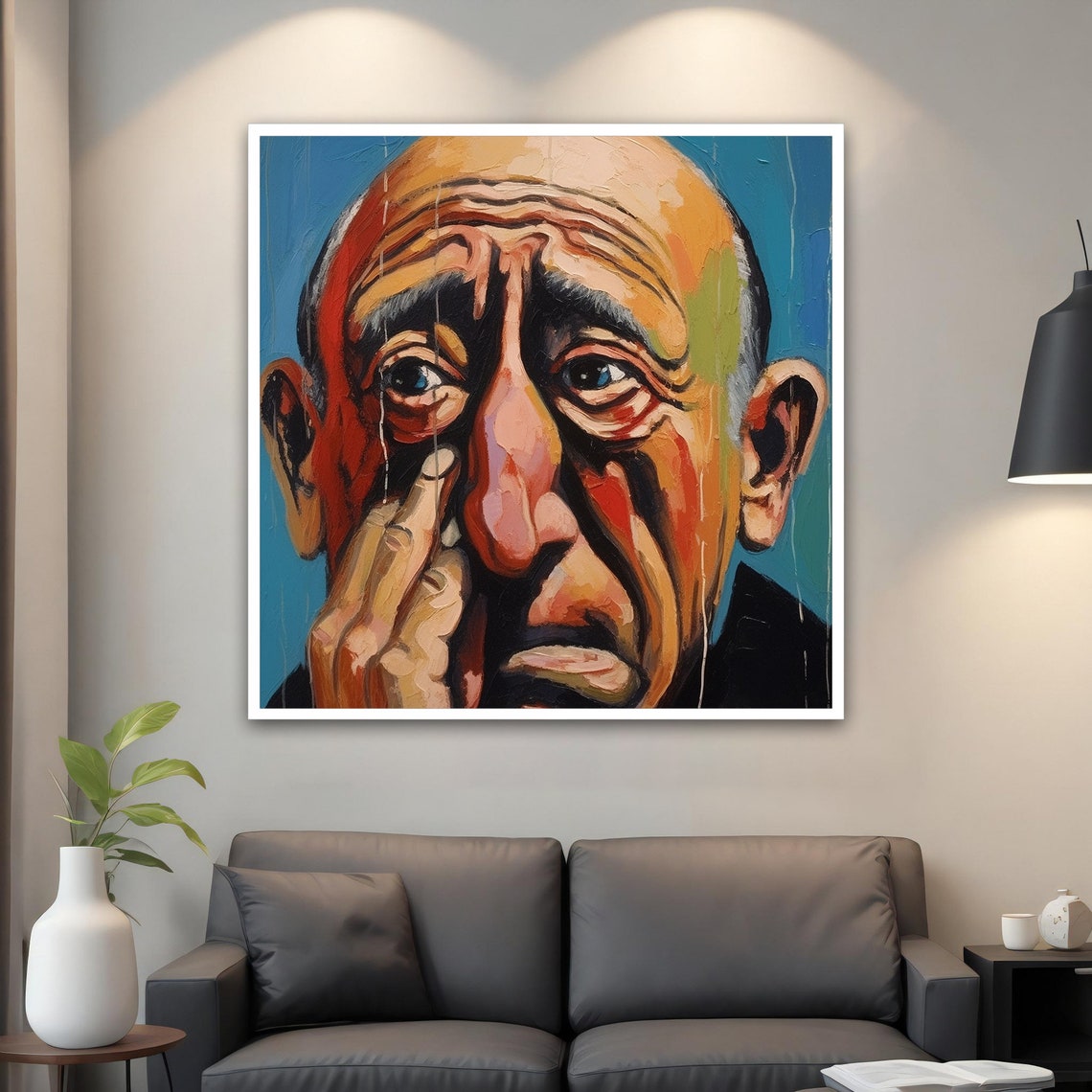 Unhappy Old Man Blue Eyes Expressive Colorful Portrait Art Poster - Image 4
