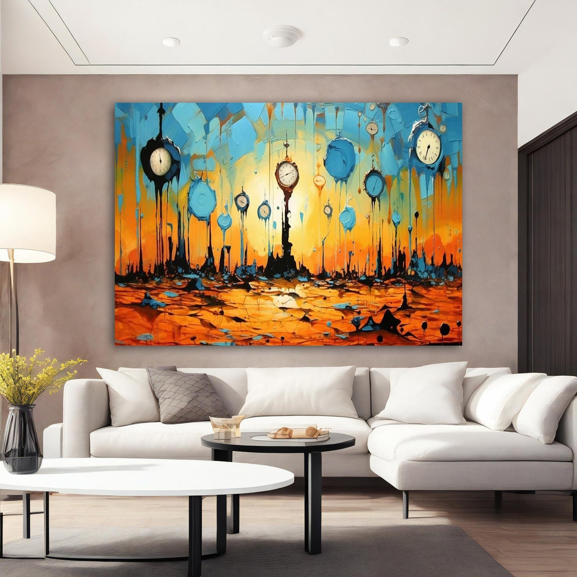 Surreal Melting Clocks on Poles in Orange and Blue Dreamscape Poster - Image 2