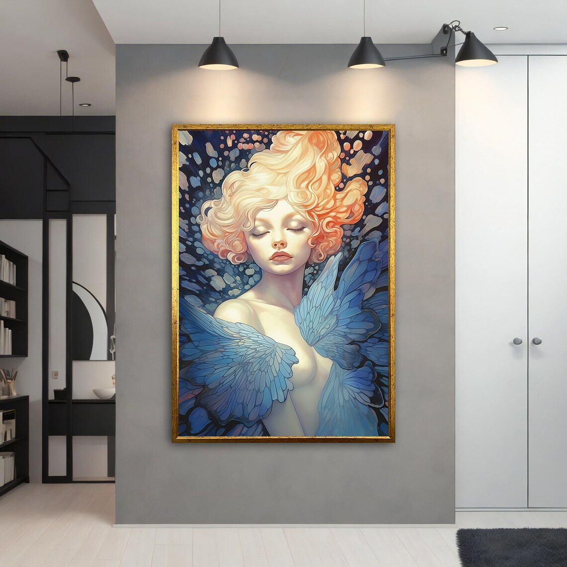 Dreamy Angel Girl Blue Butterfly Wings Glowing Hair Wall Art Print - Image 5
