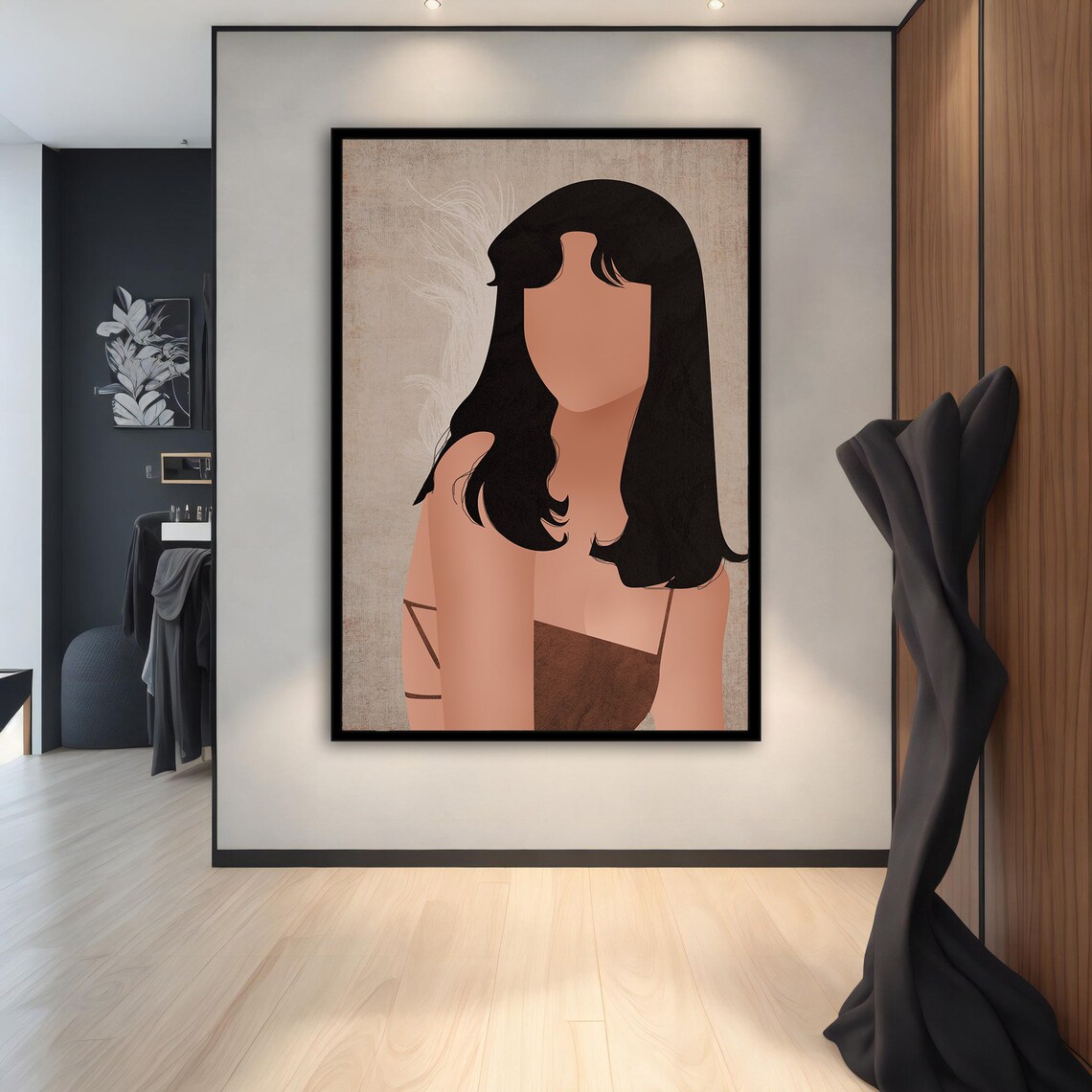 Minimalist Faceless Woman Black Hair Beige Neutral Portrait Wall Art - Image 2