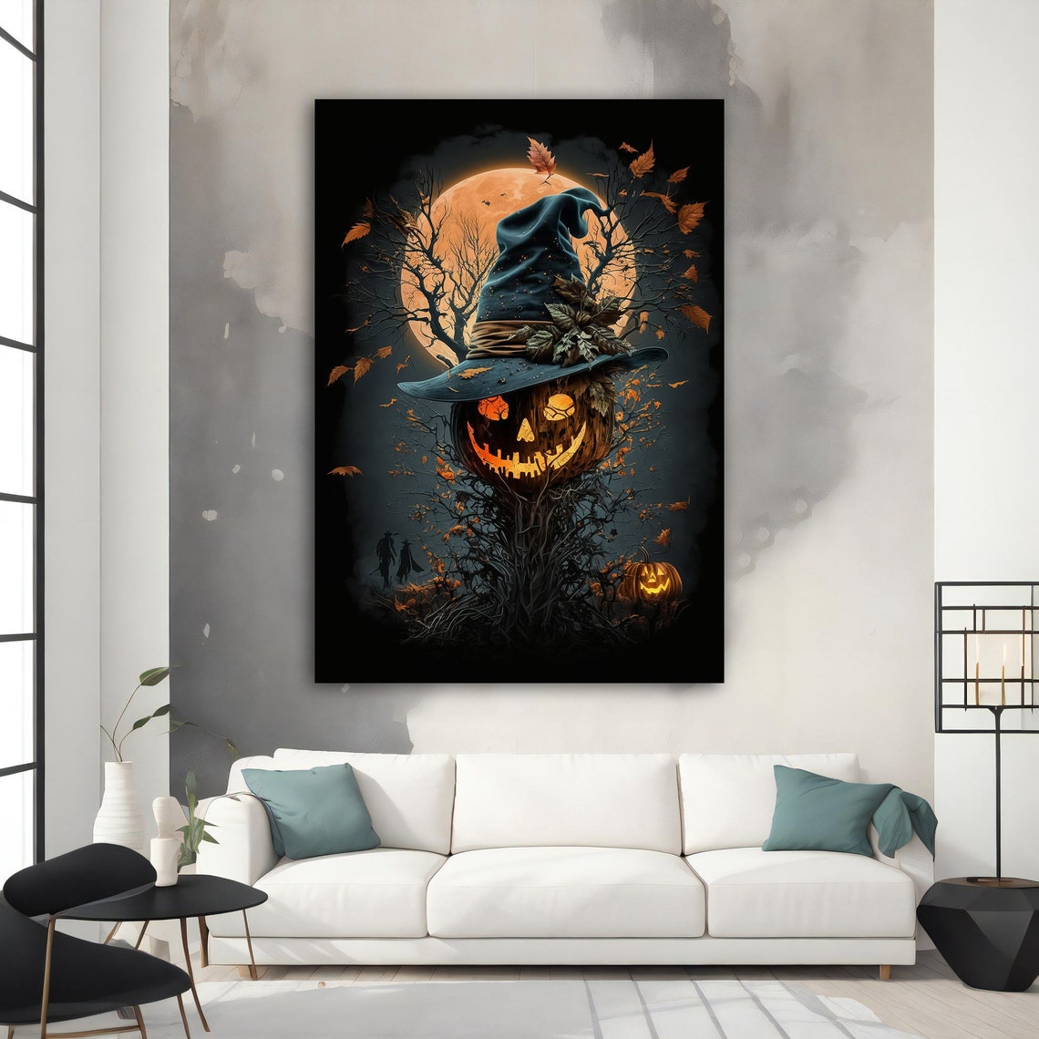 Halloween Pumpkin Scarecrow Witch Hat Full Moon Spooky Wall Art - Image 3