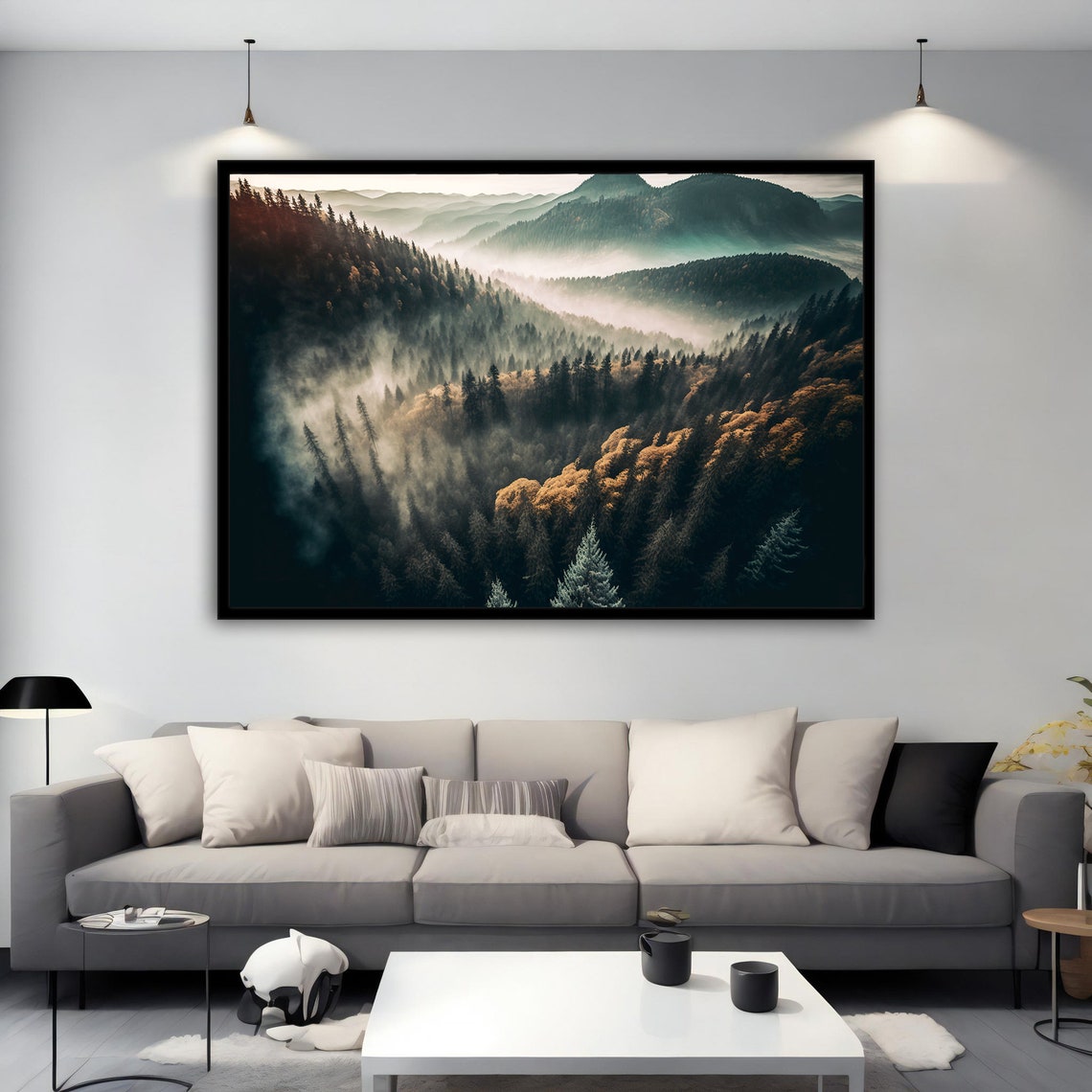 Foggy Mountain Valley Misty Peaks Evergreen Forest Art Poster - Image 2