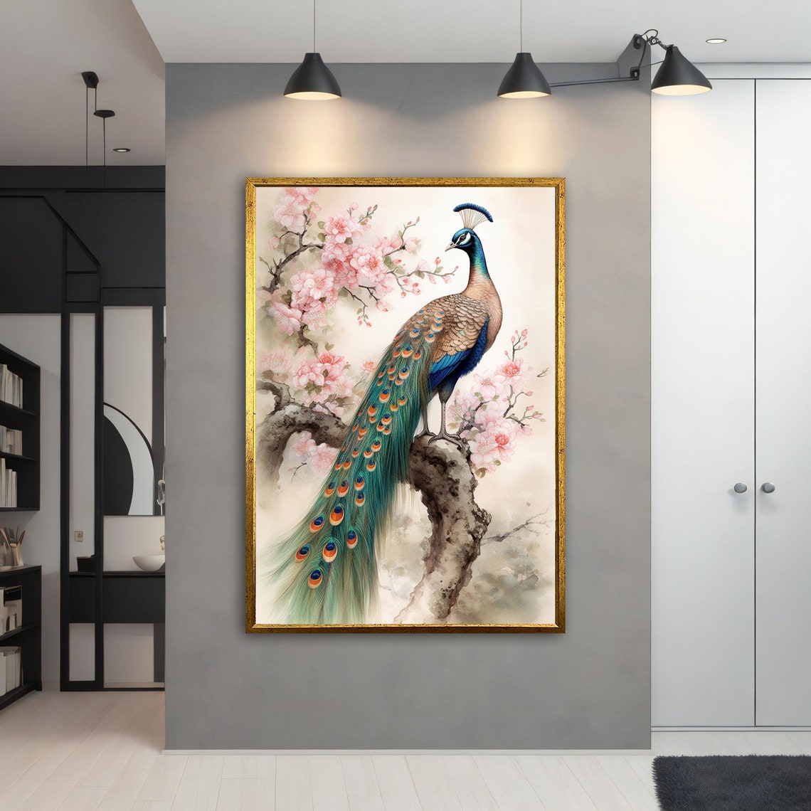 Peacock on Cherry Blossom Branch Watercolor Asian Animal Poster - Image 4
