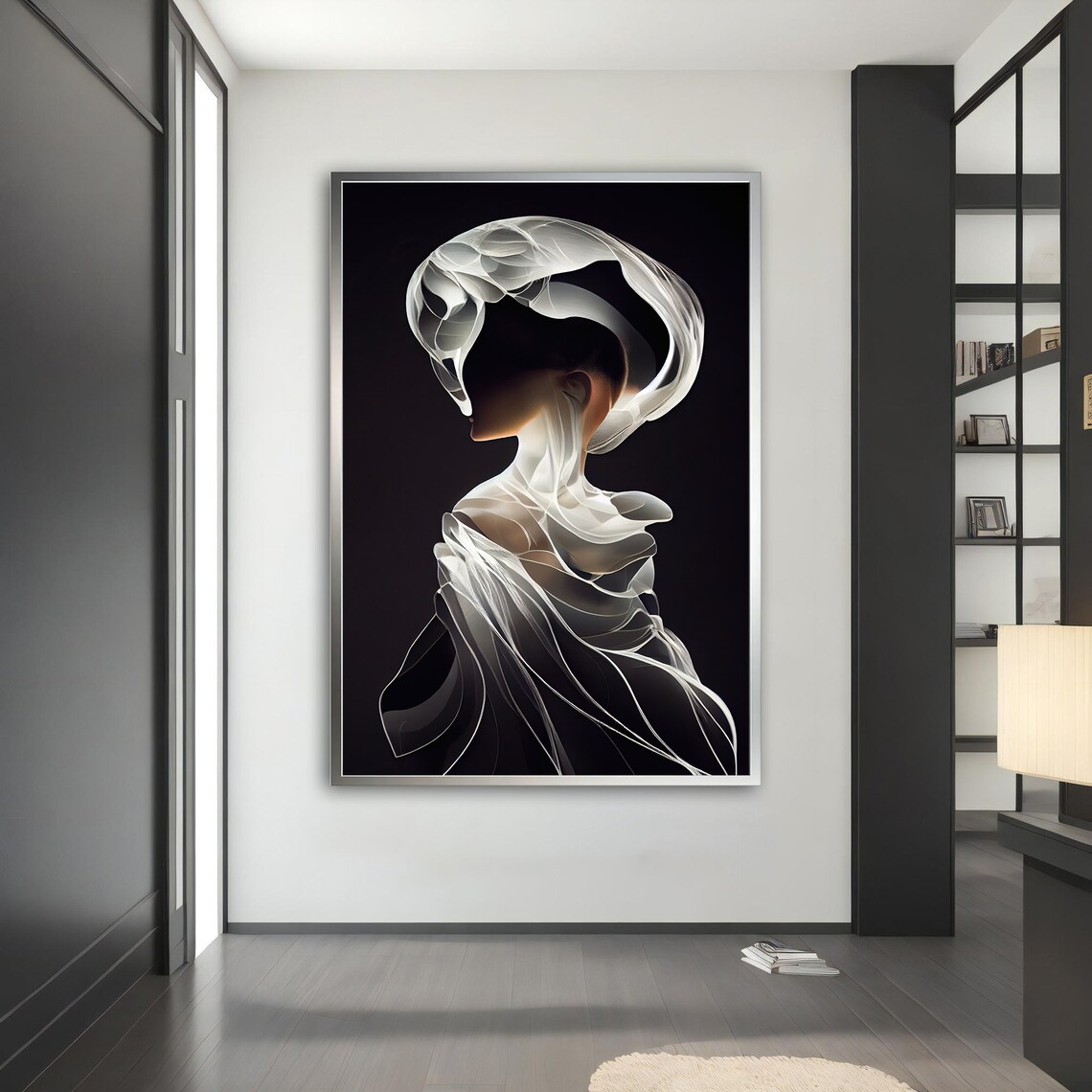 Surreal Veiled Woman Portrait Glowing White Fabric Dark Elegant Art Poster - Image 4