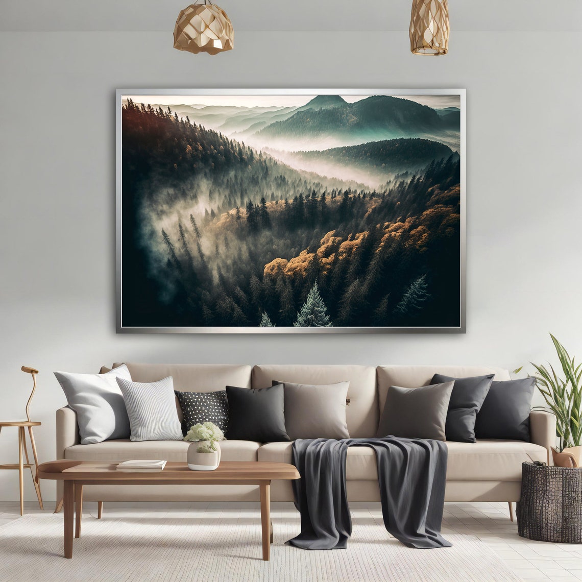 Foggy Mountain Valley Misty Peaks Evergreen Forest Art Poster - Image 4