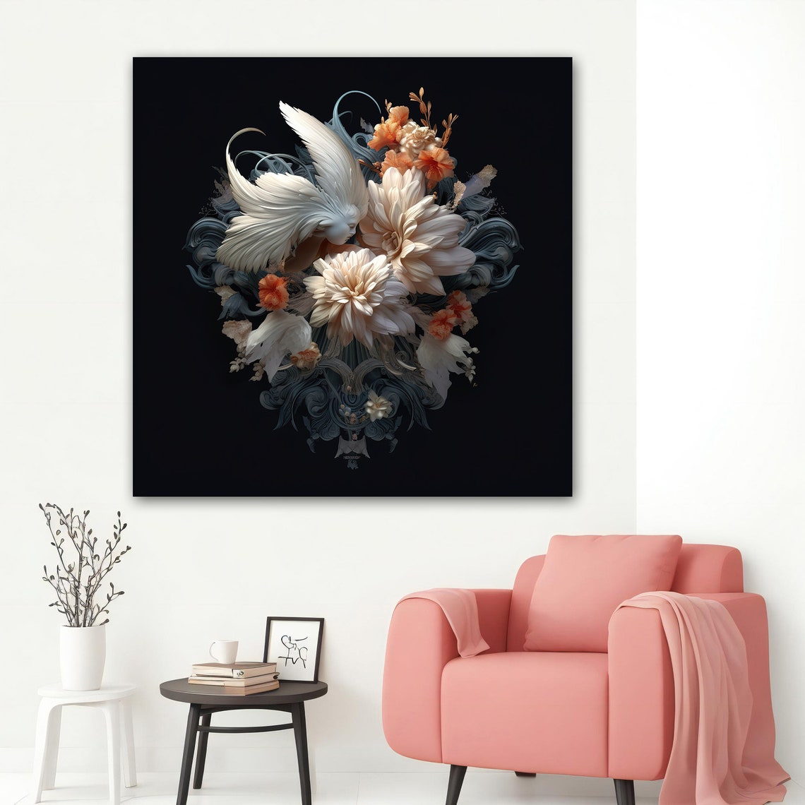 White Flowers White Bird Black Background Ornate Baroque Art Poster - Image 2