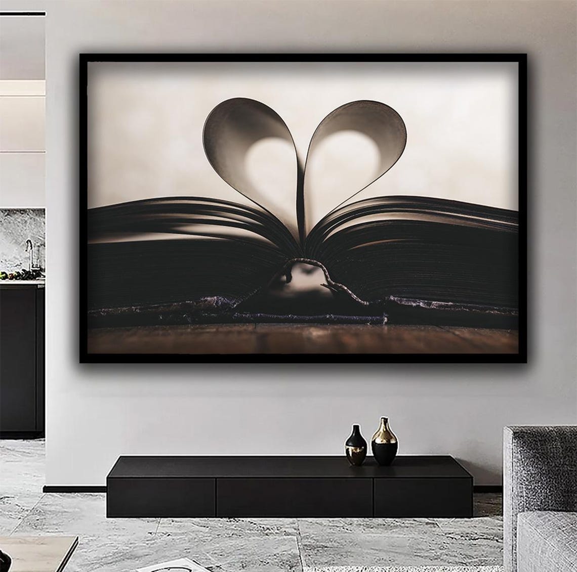 Open Book Pages Heart Shape Sepia Love of Reading Gift Wall Art - Image 2