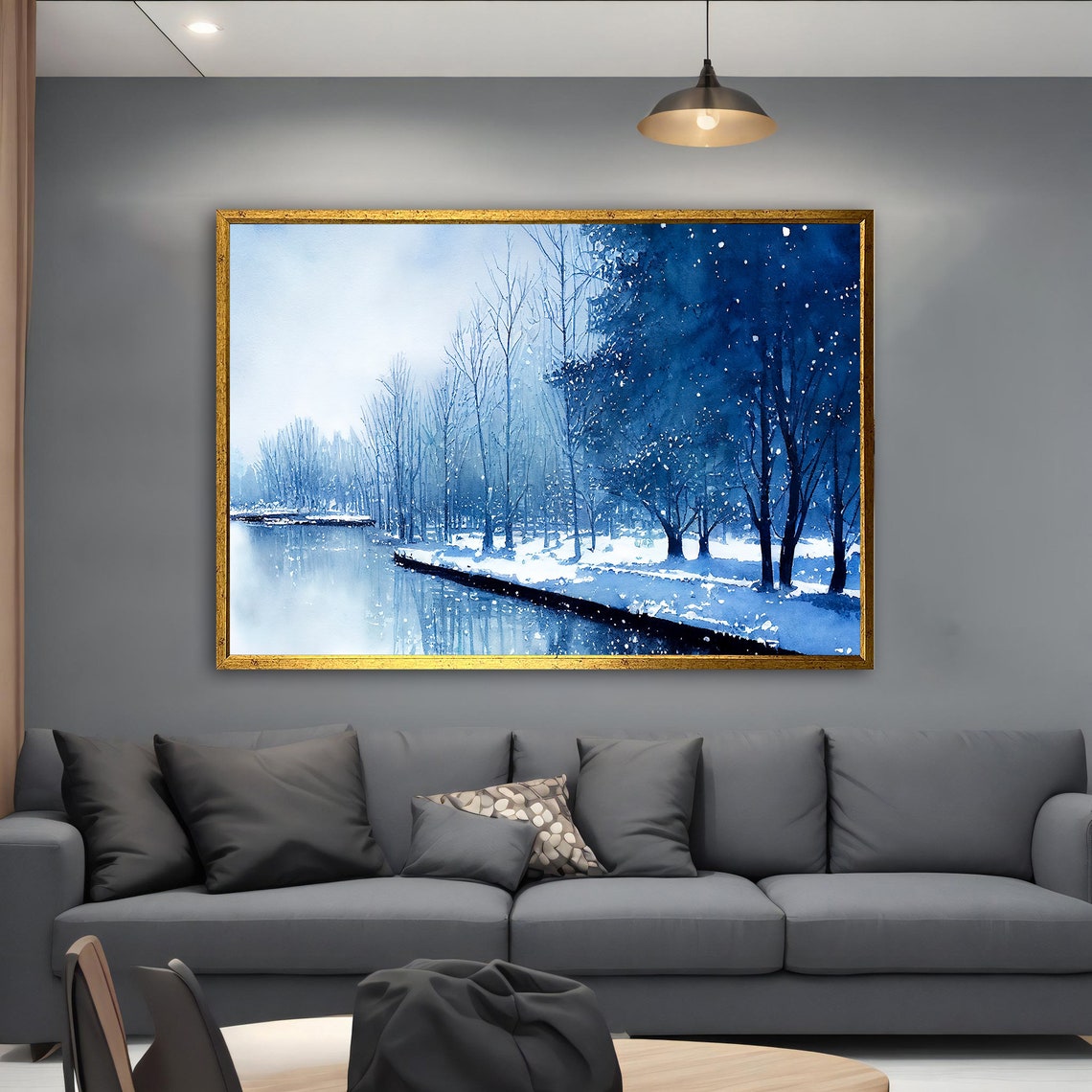 Blue Winter Landscape Snowy River Forest Monochrome Art Poster - Image 5