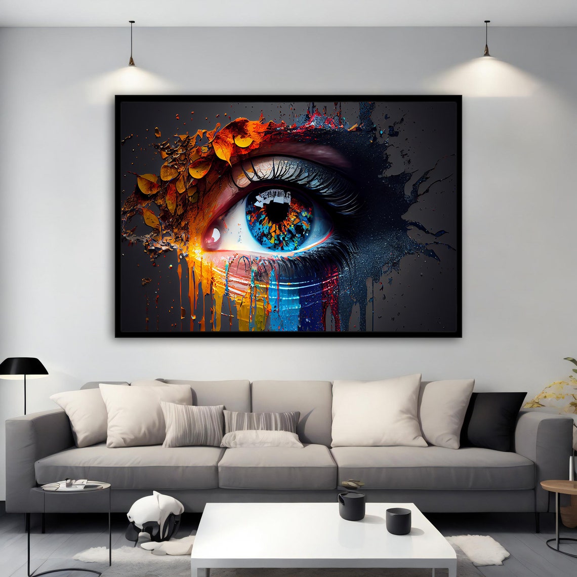 Giant Blue Eye with Splashing Paint Drips on Dramatic Black Poster - Image 5
