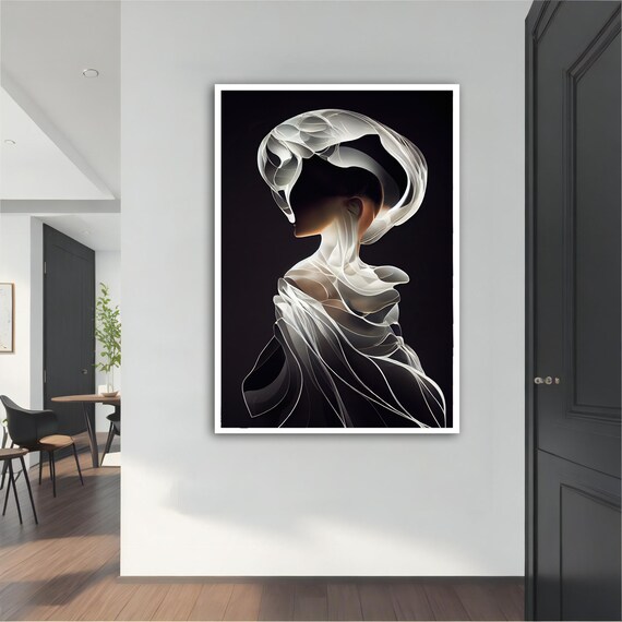 Surreal Veiled Woman Portrait Glowing White Fabric Dark Elegant Art Poster