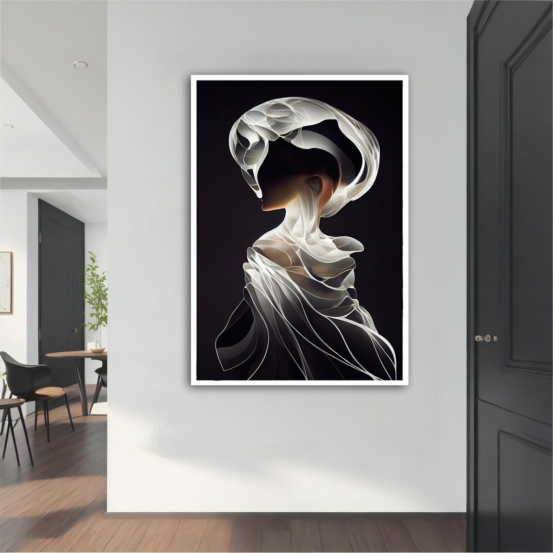 Surreal Veiled Woman Portrait Glowing White Fabric Dark Elegant Art Poster