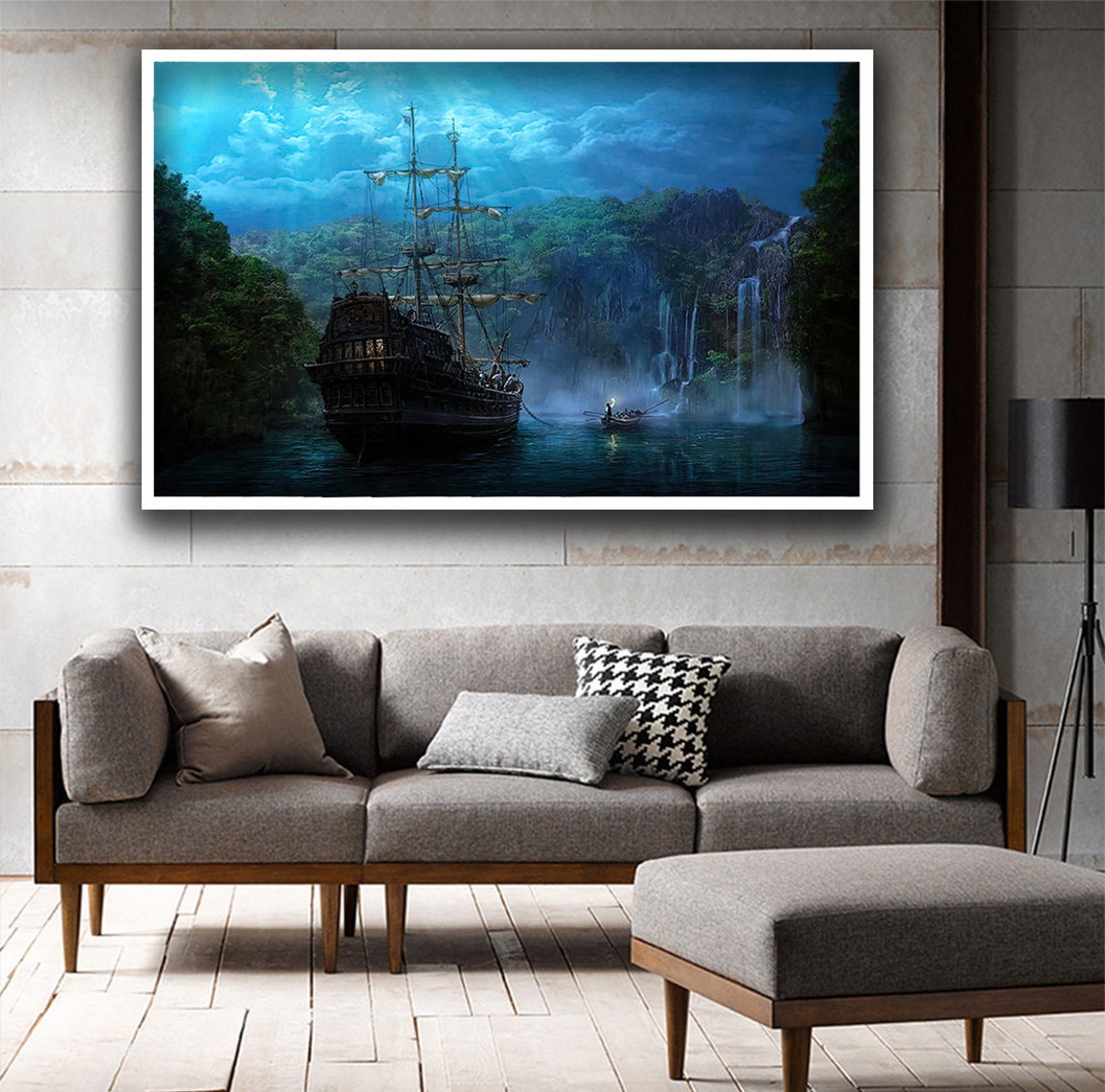 Moonlit Pirate Ship Tropical Cove Waterfall Fantasy Wall Art - Image 2