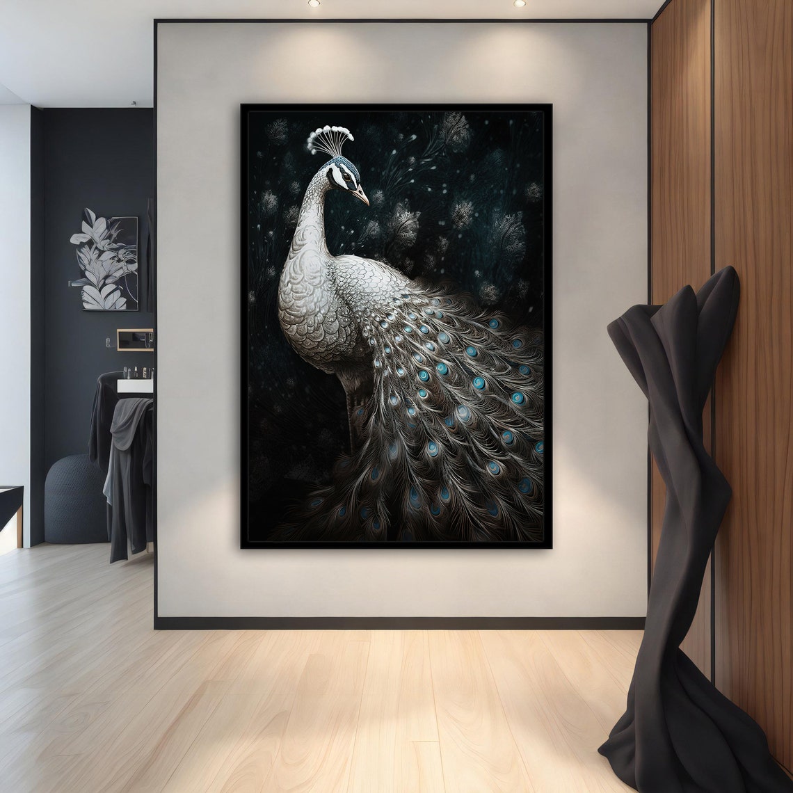 White Peacock Silver Plumage Black Background Elegant Animal Poster - Image 2