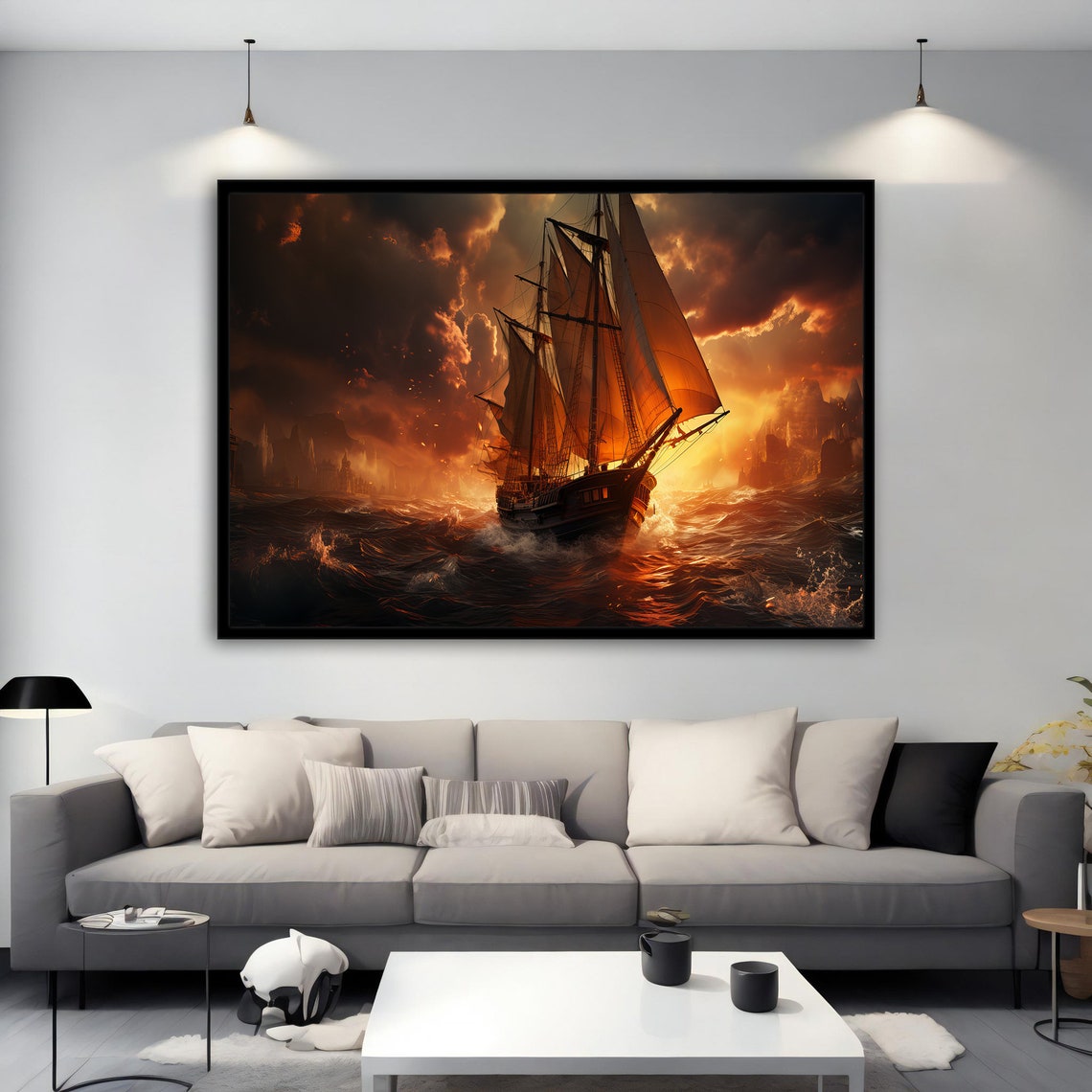 Tall Sailing Ship Fiery Storm Sea Dramatic Sunset Wall Art Poster - Image 5