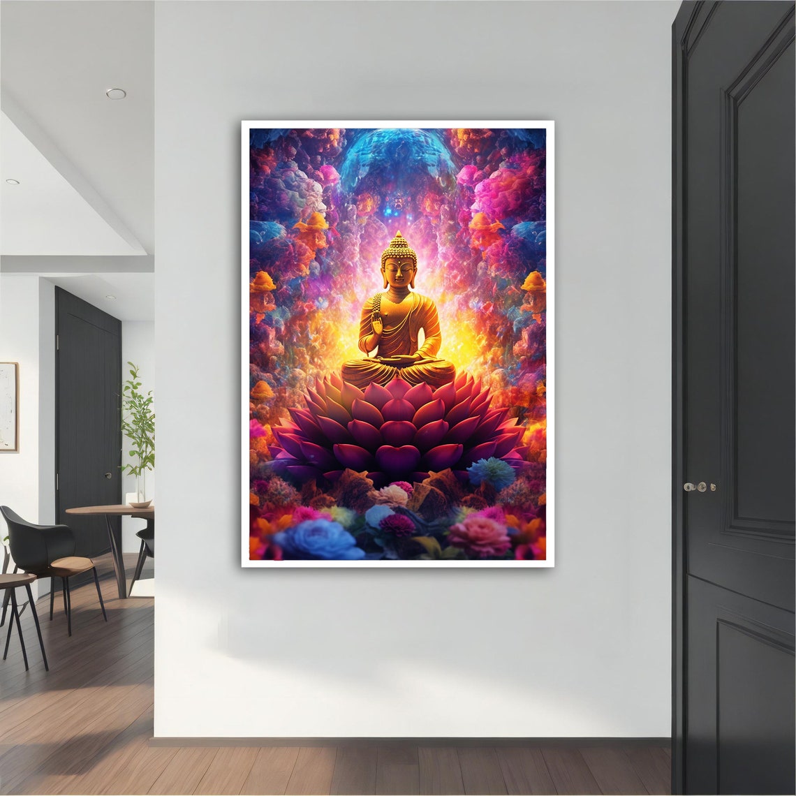 Golden Buddha Meditating on Lotus Cosmic Nebula Vibrant Zen Art Poster