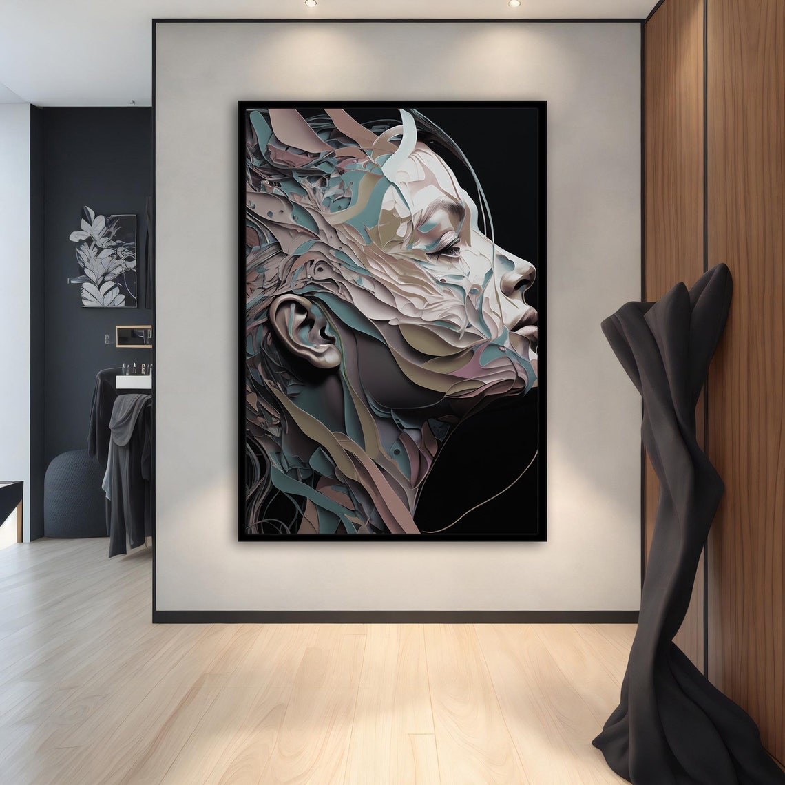 Grey Surreal Layered Fragment Woman Profile Modern Abstract Art Poster - Image 3