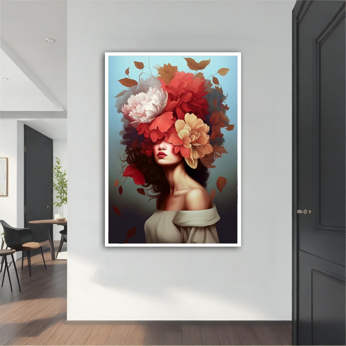 Woman Flower Head Peony Bloom Colorful Botanical Portrait Wall Art