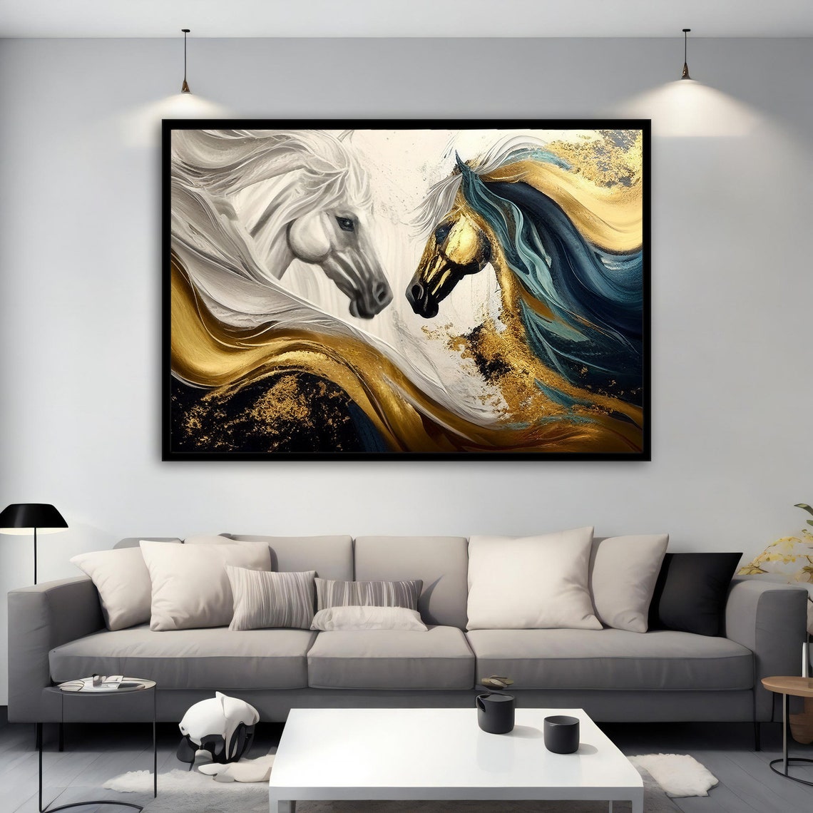 Two Noble Horses Facing Gold White Flowing Manes Animal Poster - Image 2