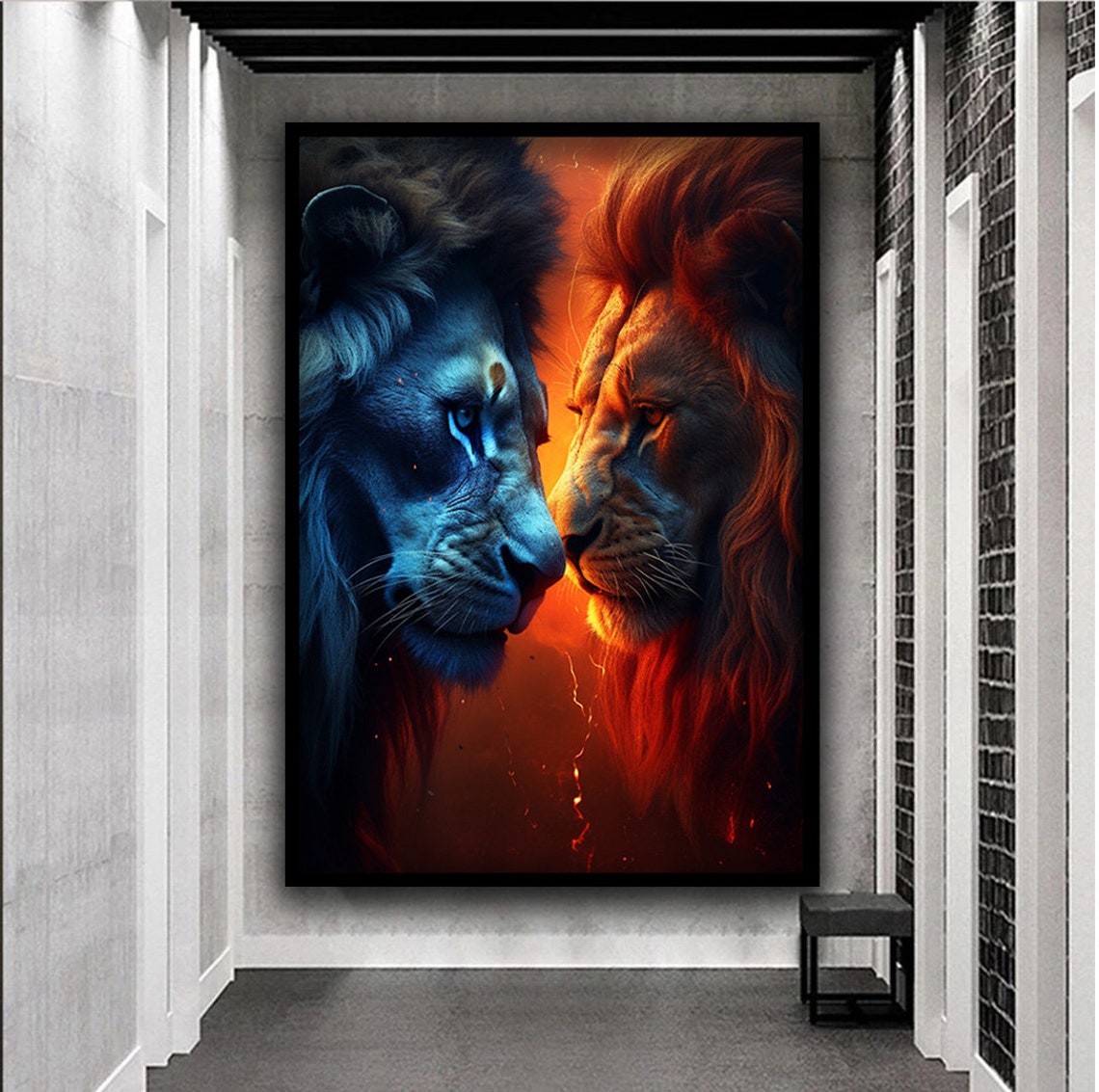 Fire And Water Lions Duel Dramatic Wildlife Animal Art Poster - Image 2