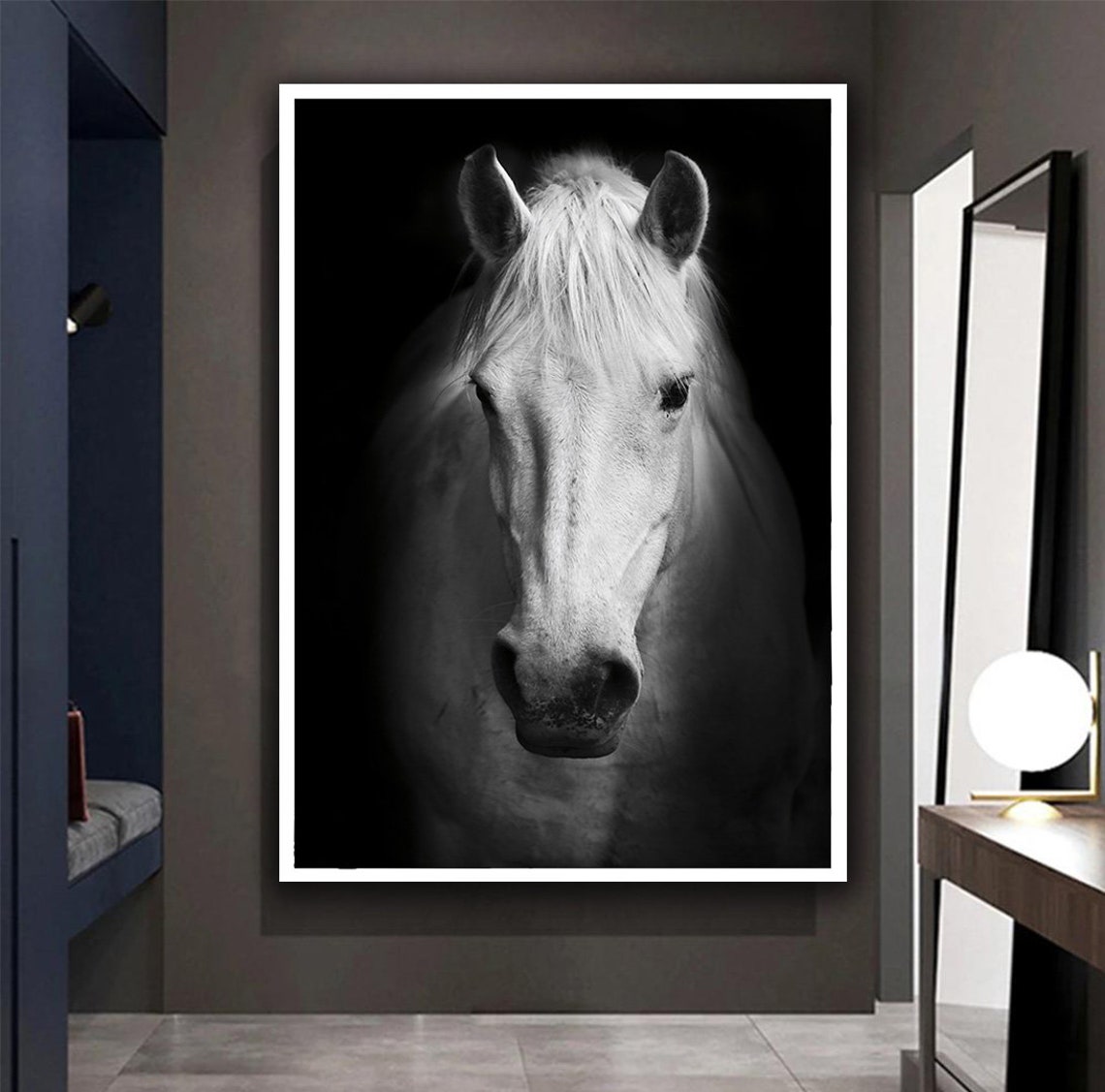 White Horse Portrait Black White Close-Up Dark Moody Equine Art Poster - Image 5