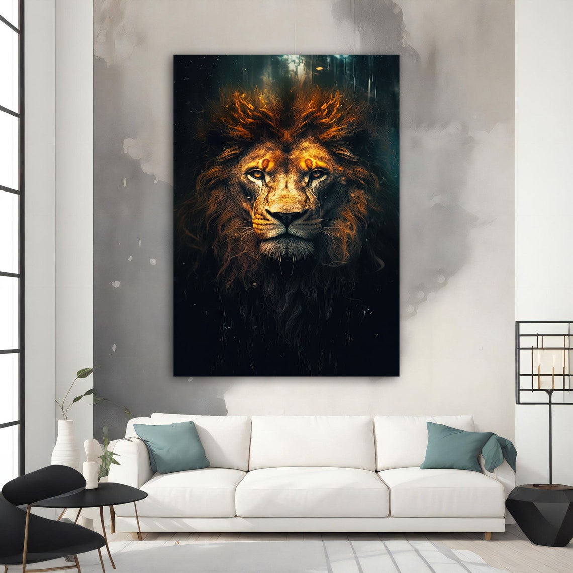 Fiery Lion Portrait Orange Mane Dark Background Majestic Animal Poster - Image 2