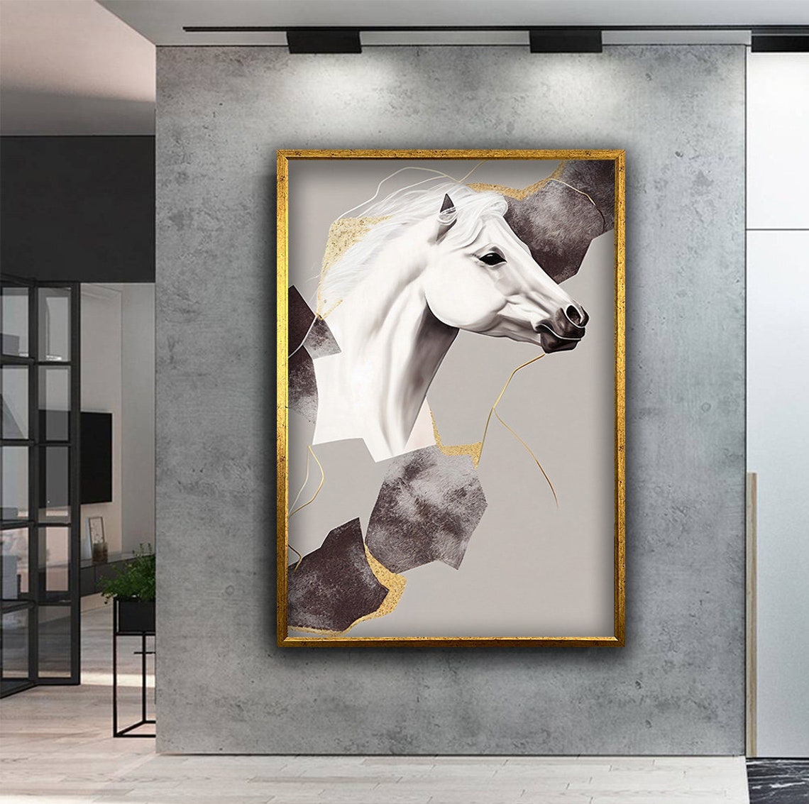 White Horse Painting Gold And White Horse Wall Art Horse Animal Art Animal Art Abstract Wall Decor White Horse Art - Image 3