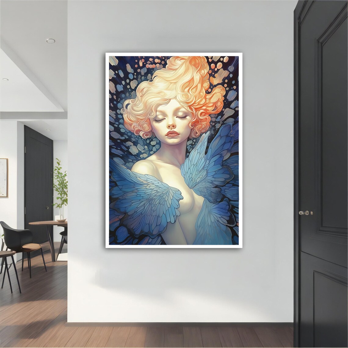 Dreamy Angel Girl Blue Butterfly Wings Glowing Hair Wall Art Print