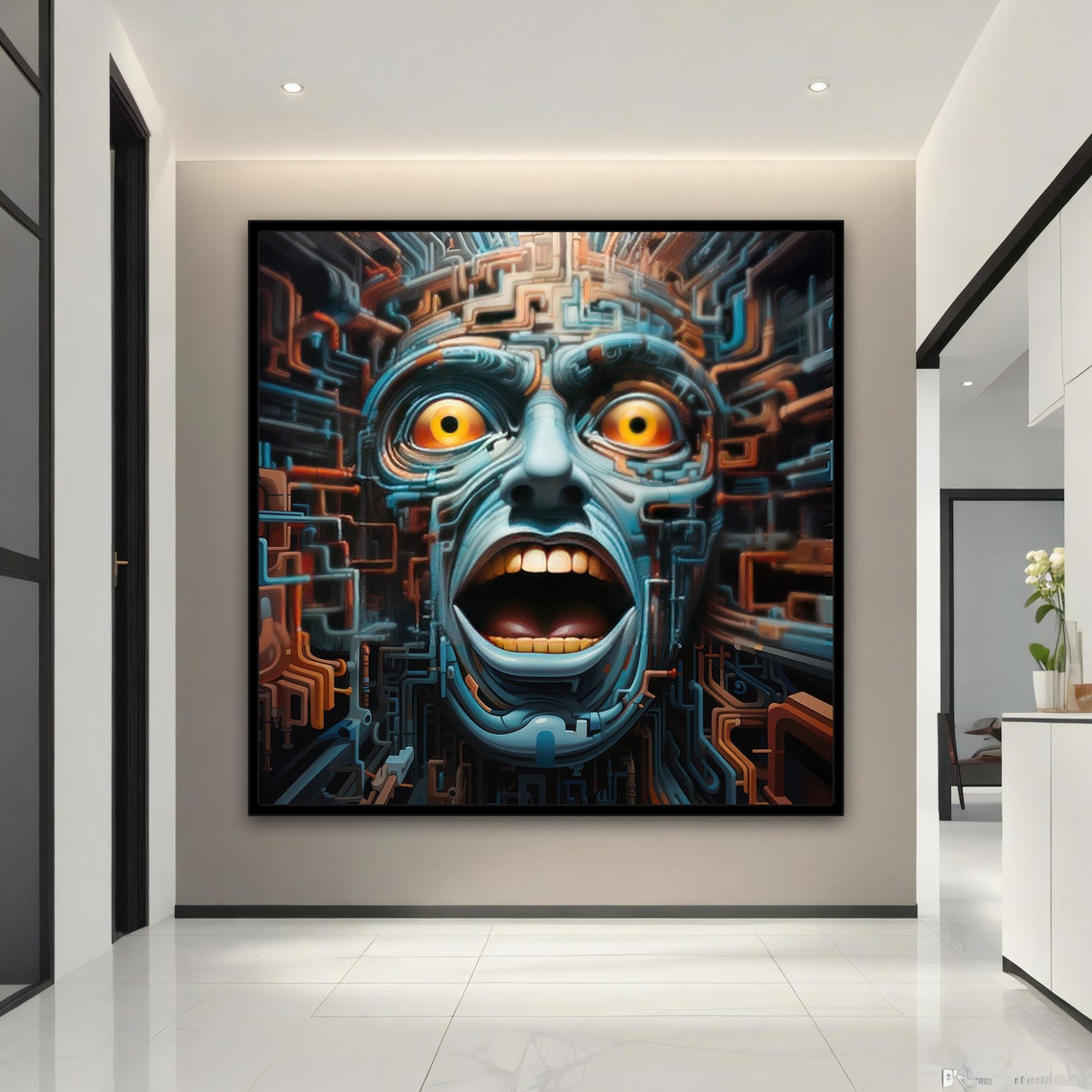 Screaming Robot Face Machine Circuits Yellow Eyes Surreal Poster