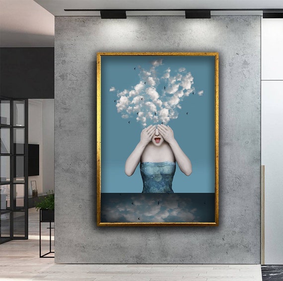 Cloud Headed Woman Print Woman Covering Eyes With Hands Wall Art Surreal Girl Portrait Art Blue Home Decor Cloud Art Print