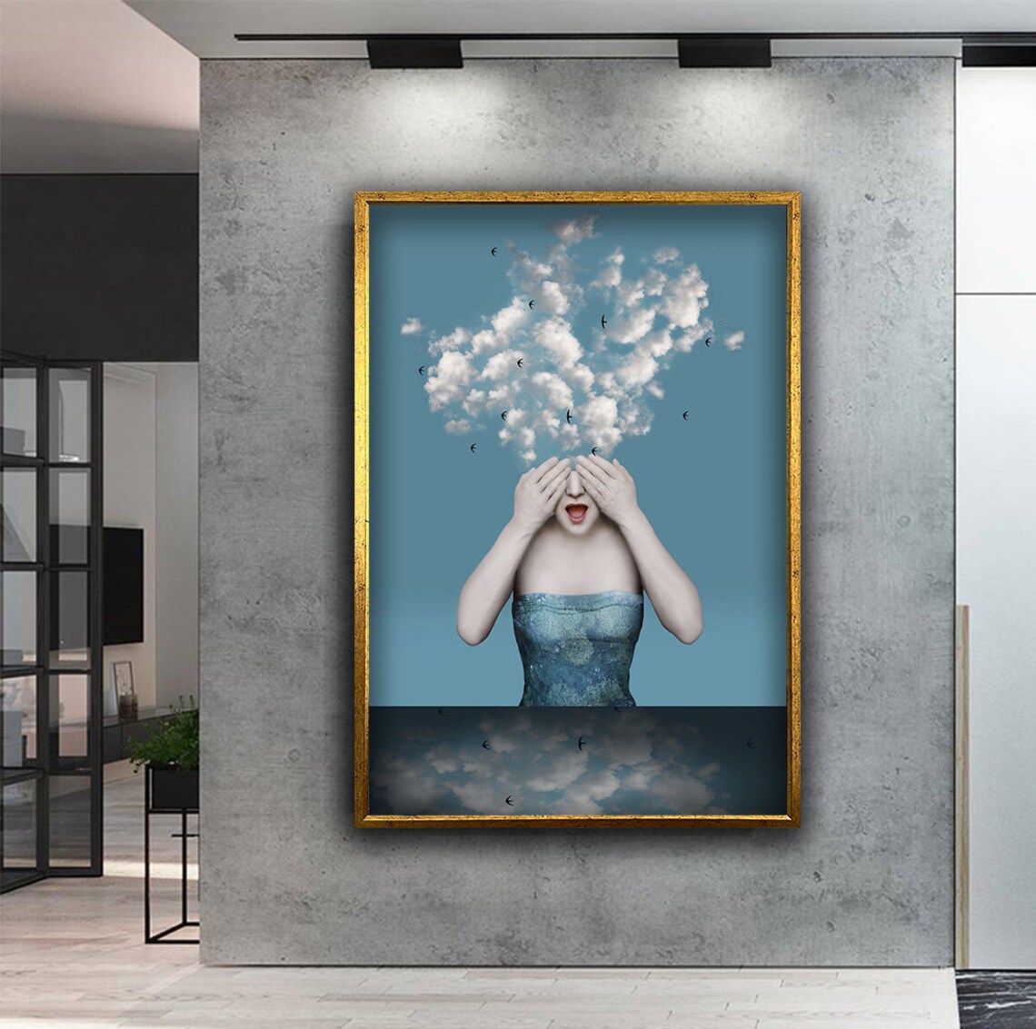 Surreal Woman Cloud Head Birds Dreamy Fantasy Portrait Wall Art