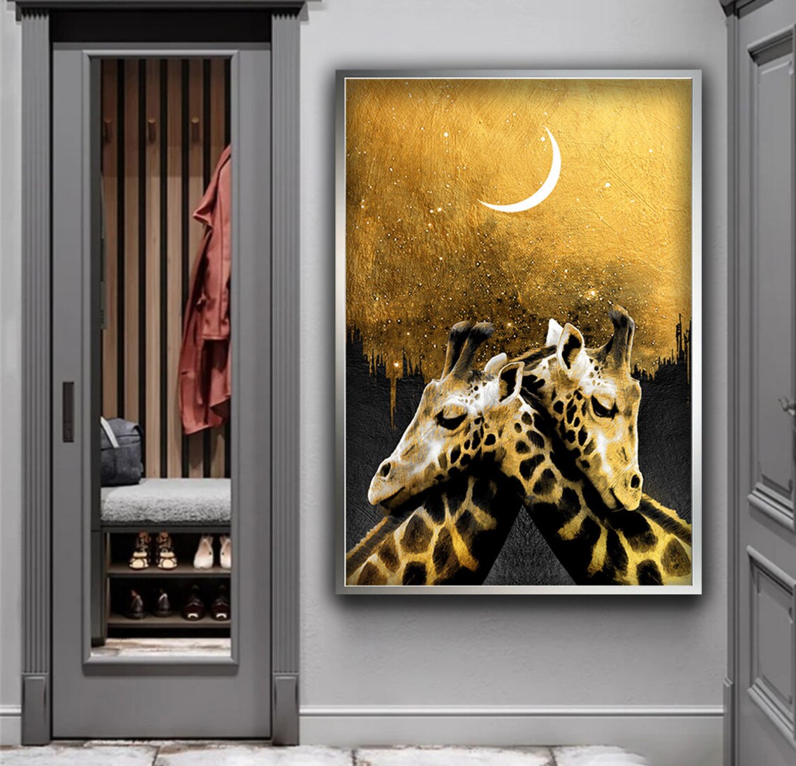 Golden Giraffe Couple Under Crescent Moon Starry Night Safari Art Poster - Image 4