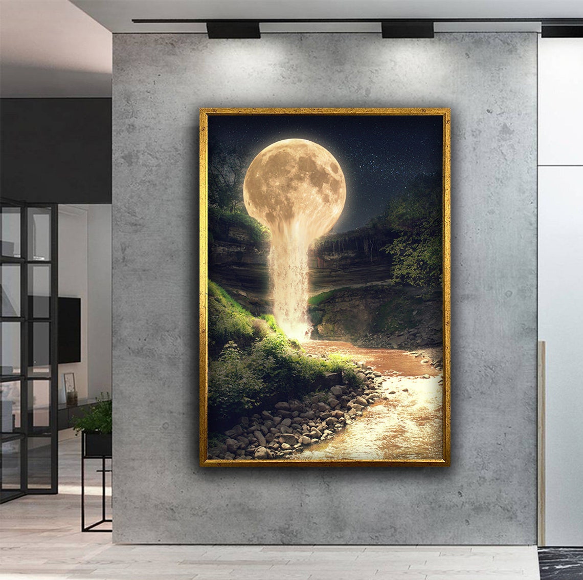 Melting Full Moon Waterfall Night Forest Surreal Dream Art Print