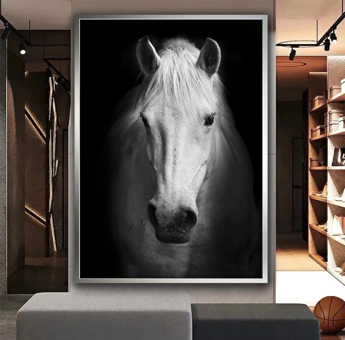 White Horse Portrait Black White Close-Up Dark Moody Equine Art Poster - Image 3