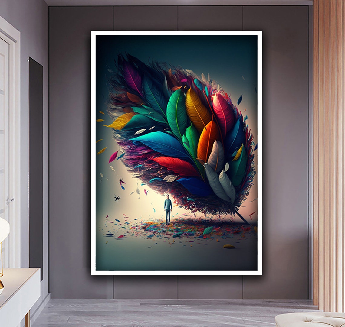 Surreal Giant Feather Bird Dreamlike Colorful Man Beneath Art Poster