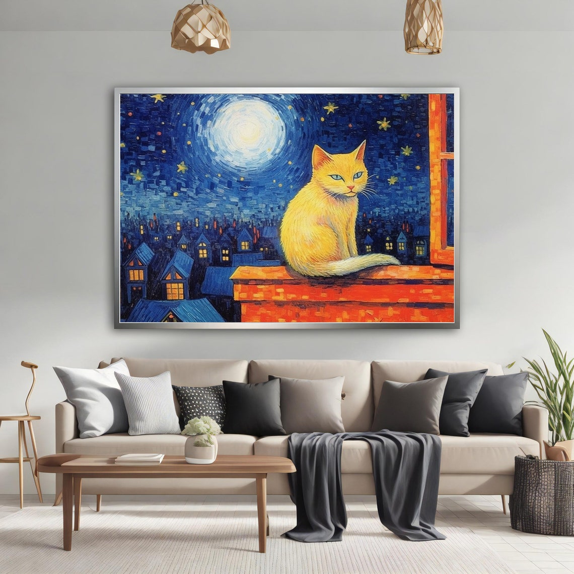 Golden Cat on Rooftop Under Full Moon Starry Night Village Poster