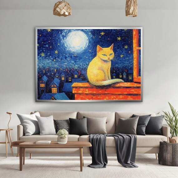 Golden Cat on Rooftop Under Full Moon Starry Night Village Poster