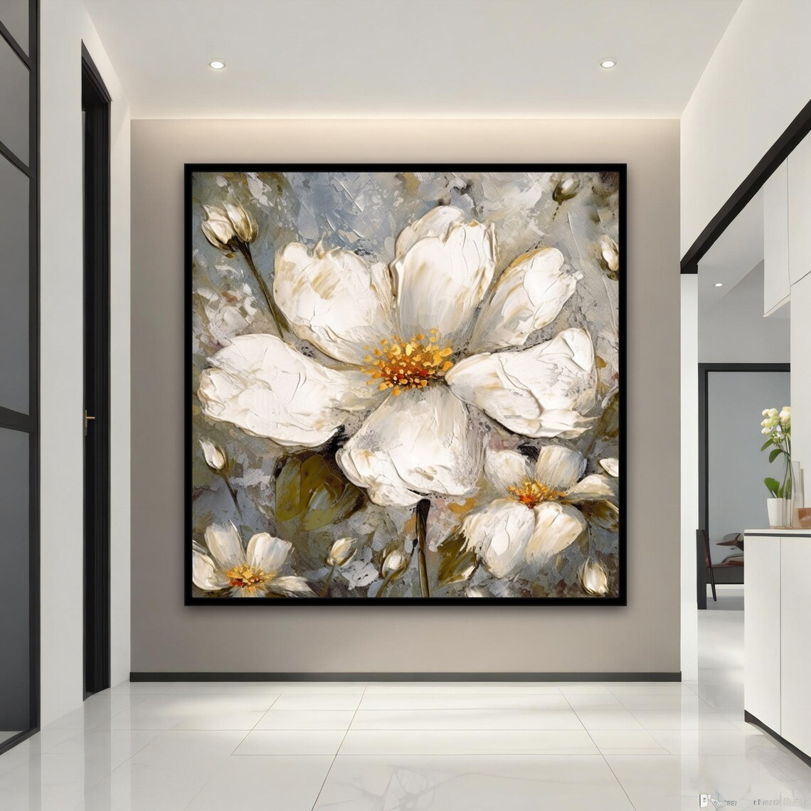 White Flowers Oil Painting Impasto Soft Gray Floral Art Poster