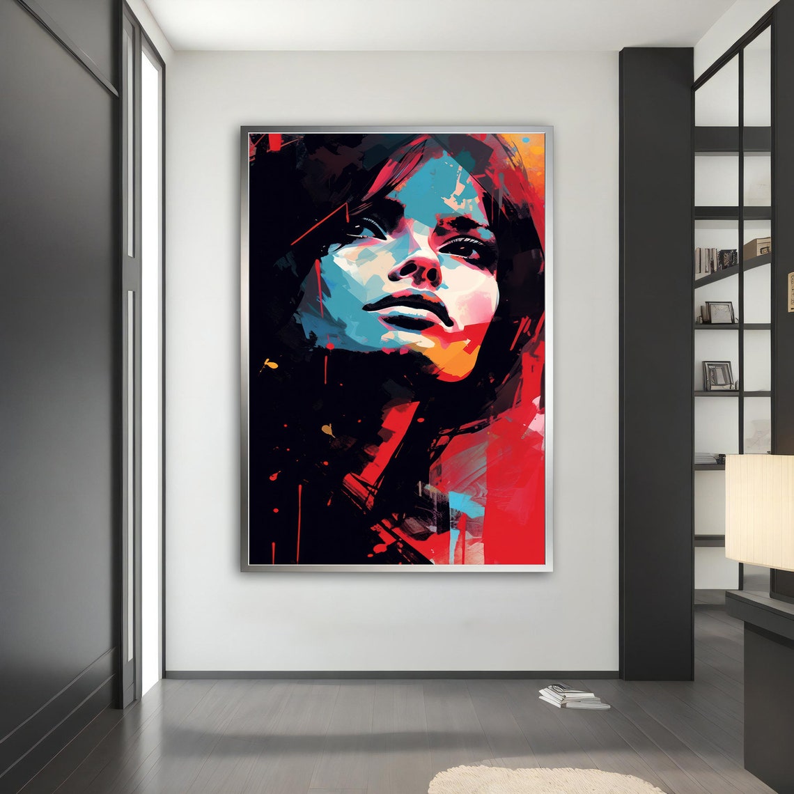 Bold Pop Art Woman Portrait Blue Pink Face Red Splash Wall Art - Image 3
